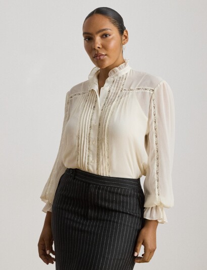 Lauren Ralph Lauren Lace Trim Crinkle Georgette Blouse Cream L