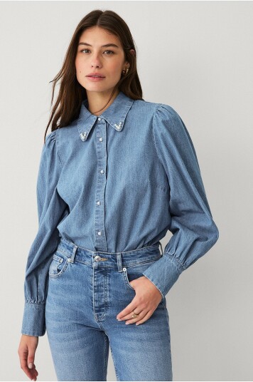 Ellos Collection Denimbluse med perler Blå Ellos Collection Denimbluse med perler Blå