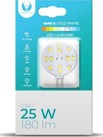 Forever Light LED-lampe G4, rund, 2W, 12V, 6000k, 180lm Forever Light LED-lampe G4, rund, 2W, 12V, 6000k, 180lm