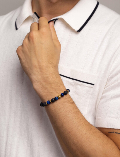 Nialaya Men"s Wristband With Blue Tiger Eye Black Agate Lava Stone   Blue   M 17 cm