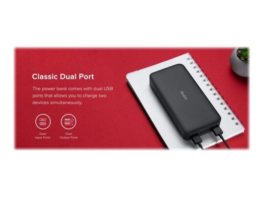 Xiaomi Redmi - Strømbank - 20000 mAh - 74 Wh - 18 watt - 3.6 A - Fast Charge - 2 utgangskontakter (USB) - svart Xiaomi Redmi - Strømbank - 20000 mAh - 74 Wh - 18 watt - 3.6 A - Fast Charge - 2 utgangskontakter (USB) - svart