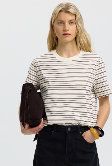 Selected Slwessential Ss Striped Boxy Tee Noos Cream M