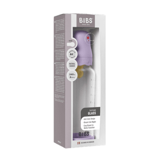 BIBS Glass Tåteflaske 240 ml Violet Sky med Naturgummipatsj BIBS Glass Tåteflaske 240 ml Violet Sky med Naturgummipatsj