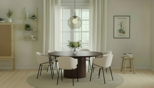 Bark Kopparbo Rundt Spisebord 180 cm med 6 Filip Spisestoler Valnøtt / Hvit Bouclé
