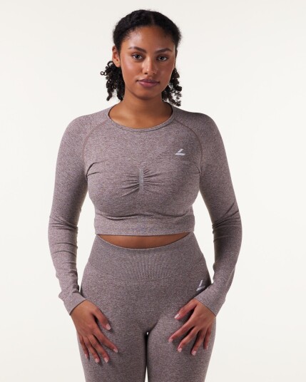 LEVITY Device Seamless Ruch Crop LS Dk Brown Marl - S