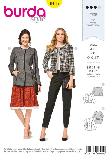 Burda 6465 - Jakke EUR: 34-46, US: 8-20