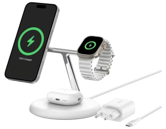 Belkin Boostcharge Pro 3-In-1 - Trådløst Ladestativ - Magnetisk Med Qi2 + Ac-Strømadapter - 15 Watt - Fast Charge - Hvit