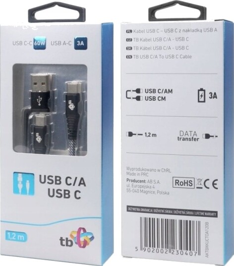 Usb-Kabel Tb Usb-A + Usb-C Til Usb-C 1,2 M Svart Aktbxkuctoa120b