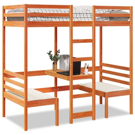  Ramme loftseng skrivebord stoler voksbrun 90x200 cm heltre furu 3308564