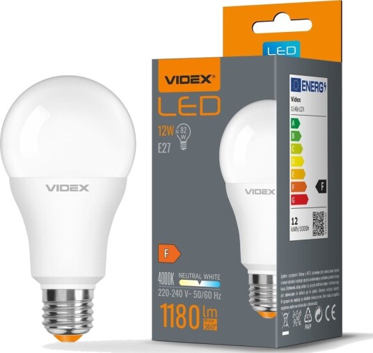 Videx E27 12W LED pære   A60 1180lm 4000K flicker free erstatter 82W   Kulør : Nøytral
