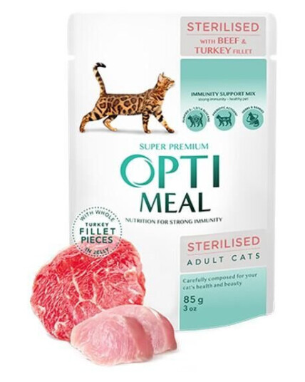 Optimeal Cat Sterilised Adult Beef & Turkey Fillet Våtfôr Til Katt 12 X 85G