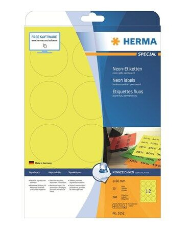HERMA Neon labels A4 Ø 60 mm round luminous yellow permanent adhesion