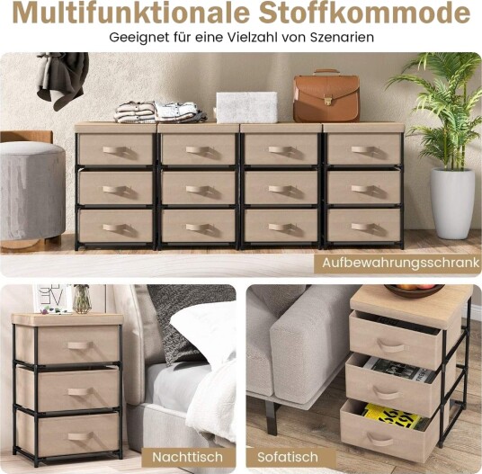 Brunt nattbord med 3 stoffskuffer – metallramme 40x30x62 cm