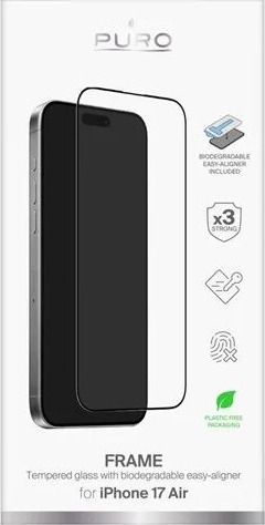Puro Frame Herdet Glass til iPhone 17 Air med Applikator og Svart Ramme