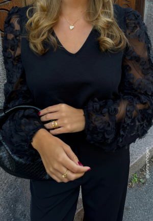 Happy Holly 3D Floral Sleeve V-neck Top Black 48/50