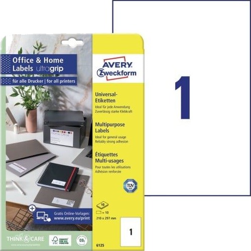 Universaletiketter Avery 210X297 Mm Hvid Med Ultragrip Til Alle Printertyper 10 Ark