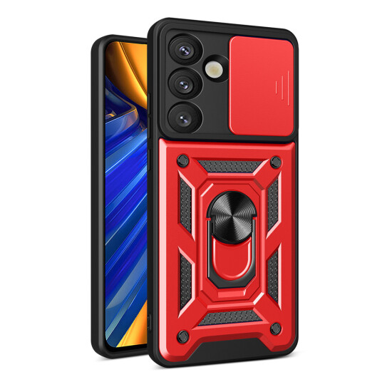 Hurtel Hybrid Armor Camshield Deksel med kamerabeskyttelse og metallring for Samsung Galaxy S25 Rød