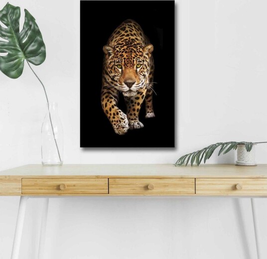 Lerretsbilde med LED belysning Jaktende jaguar i fokus Gull / Svart / Hvit