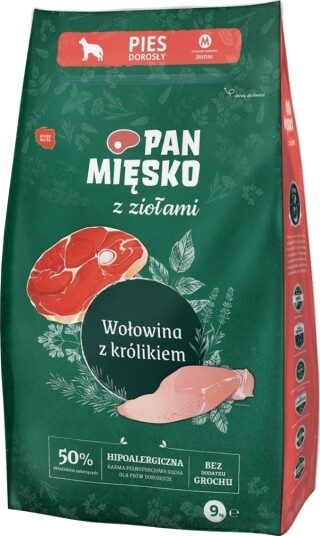 Pan Miesko Voksen Karma Tørrfôr Til Hund Med Urter Og Kanin Storfe 9 kg