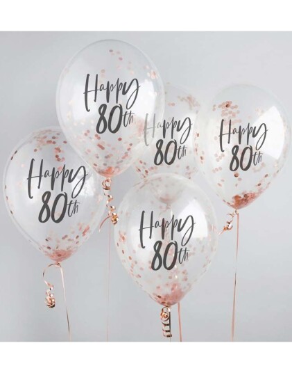 5 stk 30 cm Gjennomsiktige Happy 80th Ballonger med Rosegull Konfetti