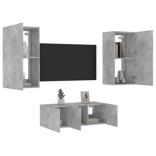 vidaXL Vegghengte TV-enheter med LED 4 deler betonggrå konstruert tre 8721012472365