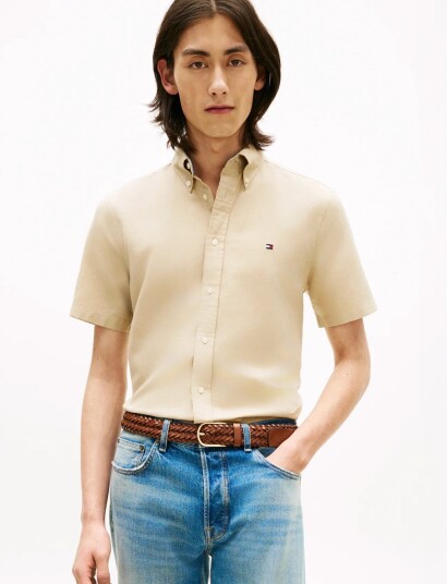 Tommy Hilfiger Linen Blend Solid Ss Rf Sht   Beige   S