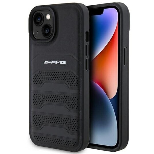Mercedes AMG Læderdeksel til iPhone 15 Plus 6,7" - Svart med Debossed Linjer