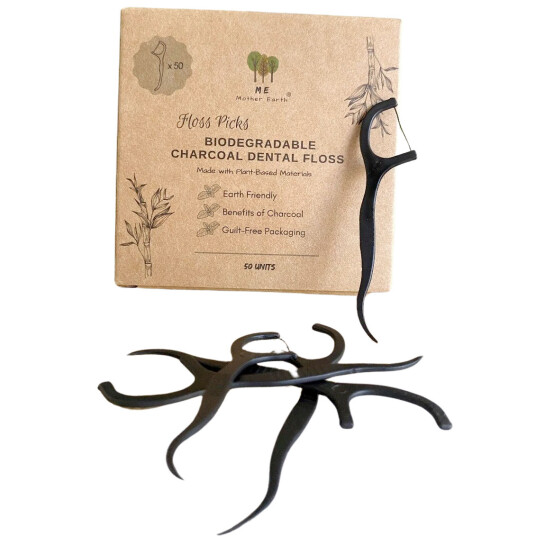 Biologisk nedbrytbar tanntråd Me Mother Earth Charcoal Flosser 50 stk