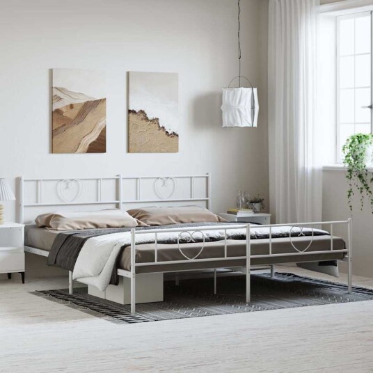  Sengeramme i metall med hode  og fotgavl hvit 193x203 cm