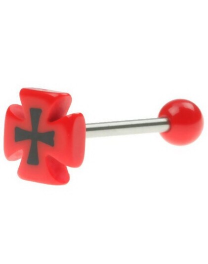 Body Art Tungepiercing med Rød Ridder Cross Kule