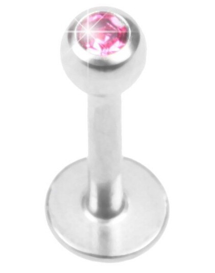Utgått Shiny Stone Labret Piercing med Rosa Sten Strl 1.2 x 8 mm med 4 mm kule