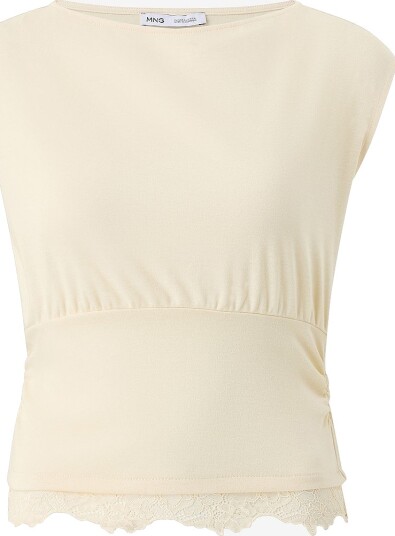 Mango Ruched Lace Top Beige S