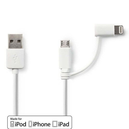 Nedis 2 i en kabel | USB 2.0 | USB-A Han | Apple Lightning 8-Pinners / USB Micro-B Han | 480 Mbps | 1.00 m | Nikkel belagt | Rund | PVC | Hvit | Plastpose