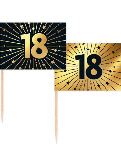50 Stk 18 år Mat/Kakeflagg 6,5 cm - Svart og Gull 50 Stk 18 år Mat/Kakeflagg 6,5 cm - Svart og Gull