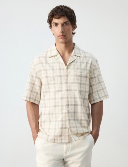 Mango 100% Cotton Checked Bowling Collar Shirt Cream S