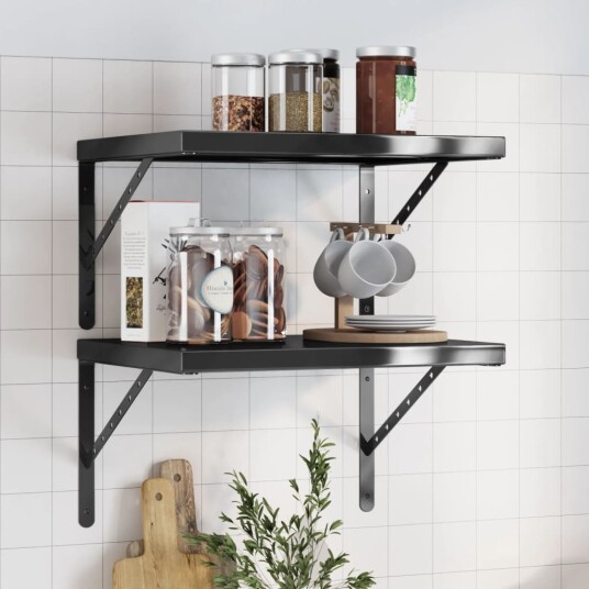 Vegghyller 2 stk 50x40x3 cm svart rustfritt stål Vegghyller 2 stk 50x40x3 cm svart rustfritt stål