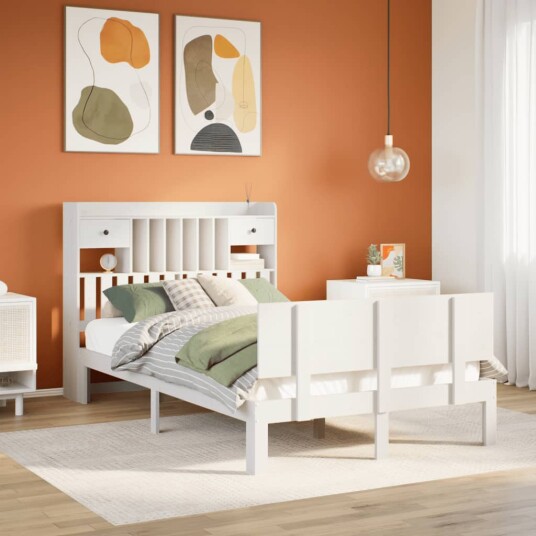 Seng med bokhylle uten madrass hvit 120x190 cm heltre furu 8721158614681