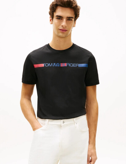 Tommy Hilfiger Brand Love  Stripe Tee   Black   XL
