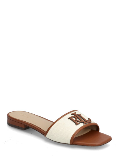 Ralph Lauren Lauren Everley Leather Trim Canvas Slide Sandal Brown 38