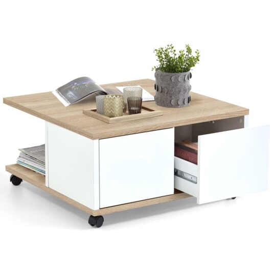 FMD Mobilt salongbord 70x70x36 cm eik og høyglans hvit