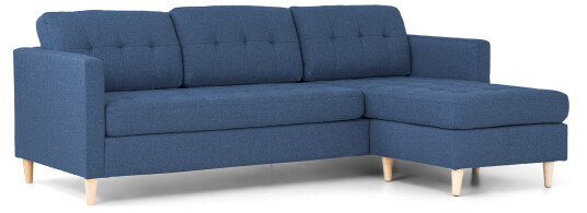 Marino sofa, sjeselongsofa høyre eller venstrevent i stoff blå og med treben.