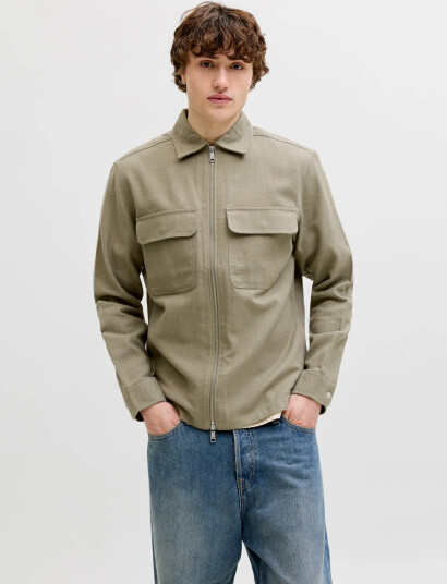 Jack & Jones Jprblurayle Linen Blend Zip Ls Shirt Smu   Khaki green   XXL