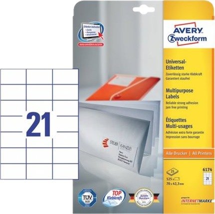 Avery 6174 Hvit 70 X 42.3 Mm A4 Papir 21 Stykker 25 Ark