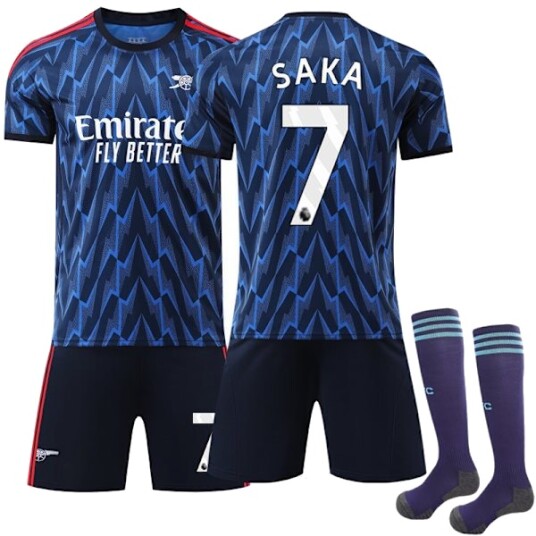 2025-2026 Arsenal Bortedrakt Barn og Voksne Fotballdrakt Sett Nr.7 Saka Fotballuniform Blå Trøye Shorts Sokker Sett Størrelse 24 25-26 Saka 24