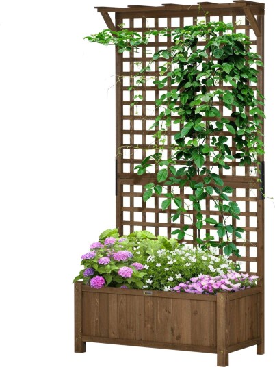 Høybed plantekasse med espalier, espalier plantepotte, blomsterkasse, tre, hagespalier 90 x 45 x 183 cm for hage, balkong, terra