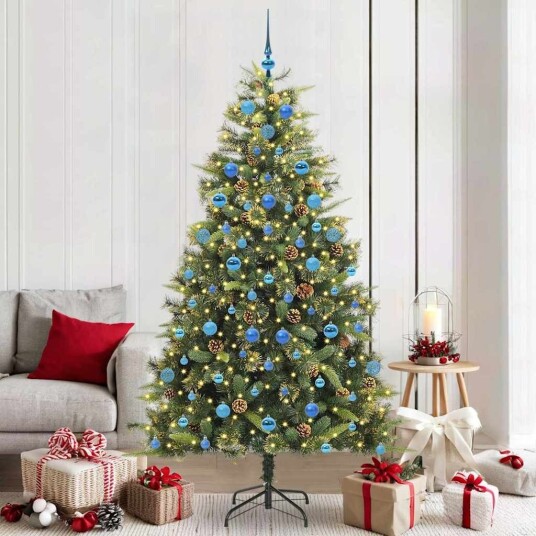 vidaXL Kunstig hengslet juletre med kongler 210 cm 300 LED-lys