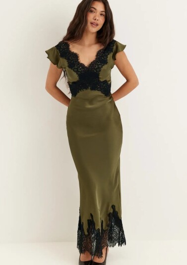 Bubbleroom Lace Satin Maxi Dress Khaki green M Bubbleroom Lace Satin Maxi Dress Khaki green M