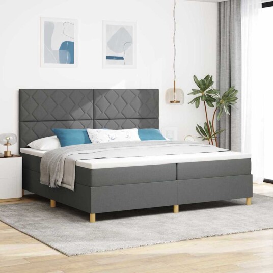 Box Spring Seng med Madrass & LED Mørk Grå 200x200 cm Stoff