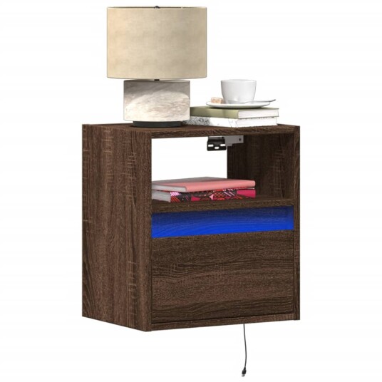  Vegghengte nattbord med LED-lys 2 stk brun eik 3307988