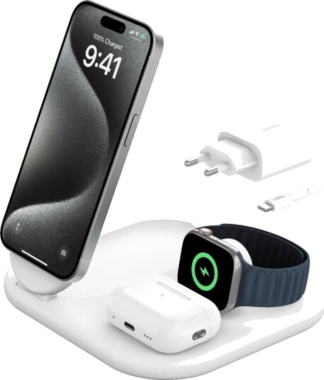 Belkin BoostCharge 3-i-1 Trådløs Lader med MagSafe, Hvit, 15W